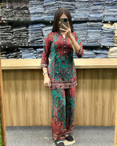 Printed Asymmetric Green And Red Rayon Co-Ord Set