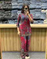 Printed Asymmetric Red And Blue Rayon Co-Ord Set