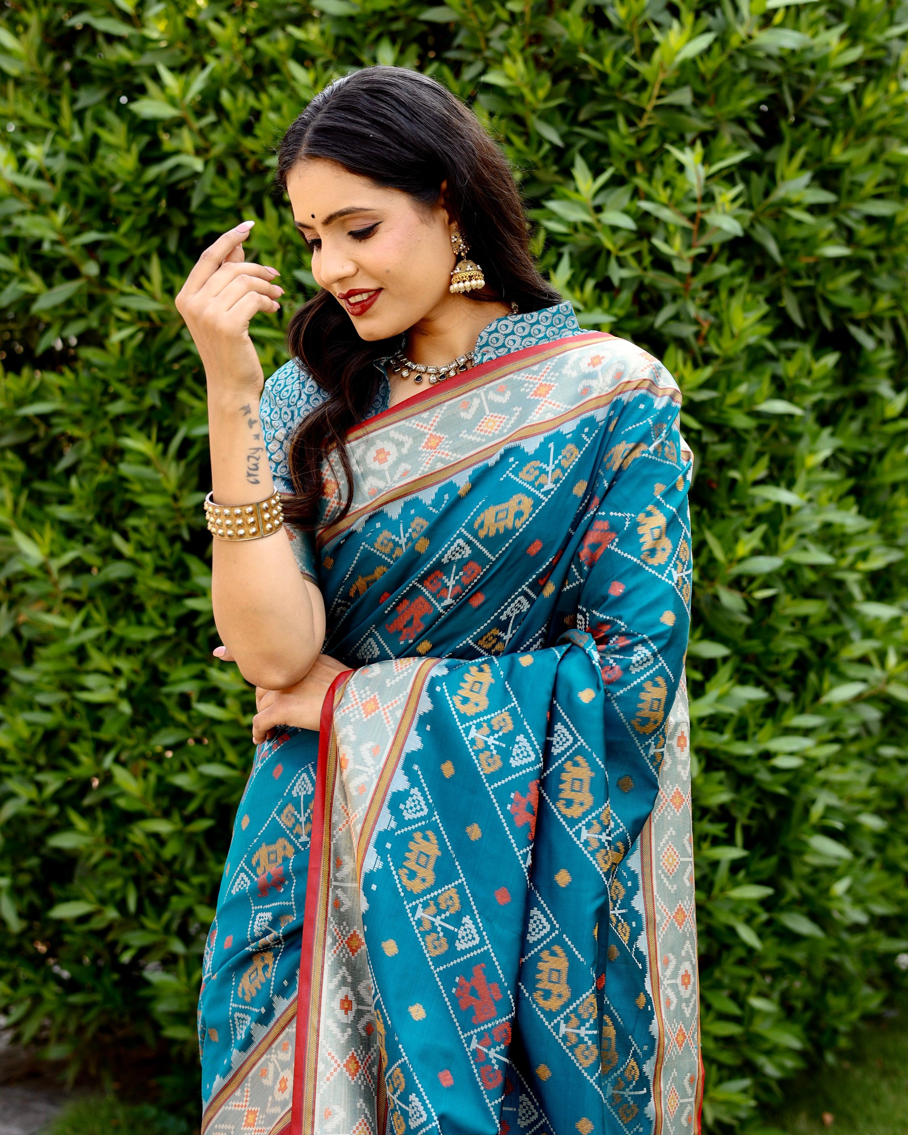 Patola Silk Trendy Saree In Aqua Blue