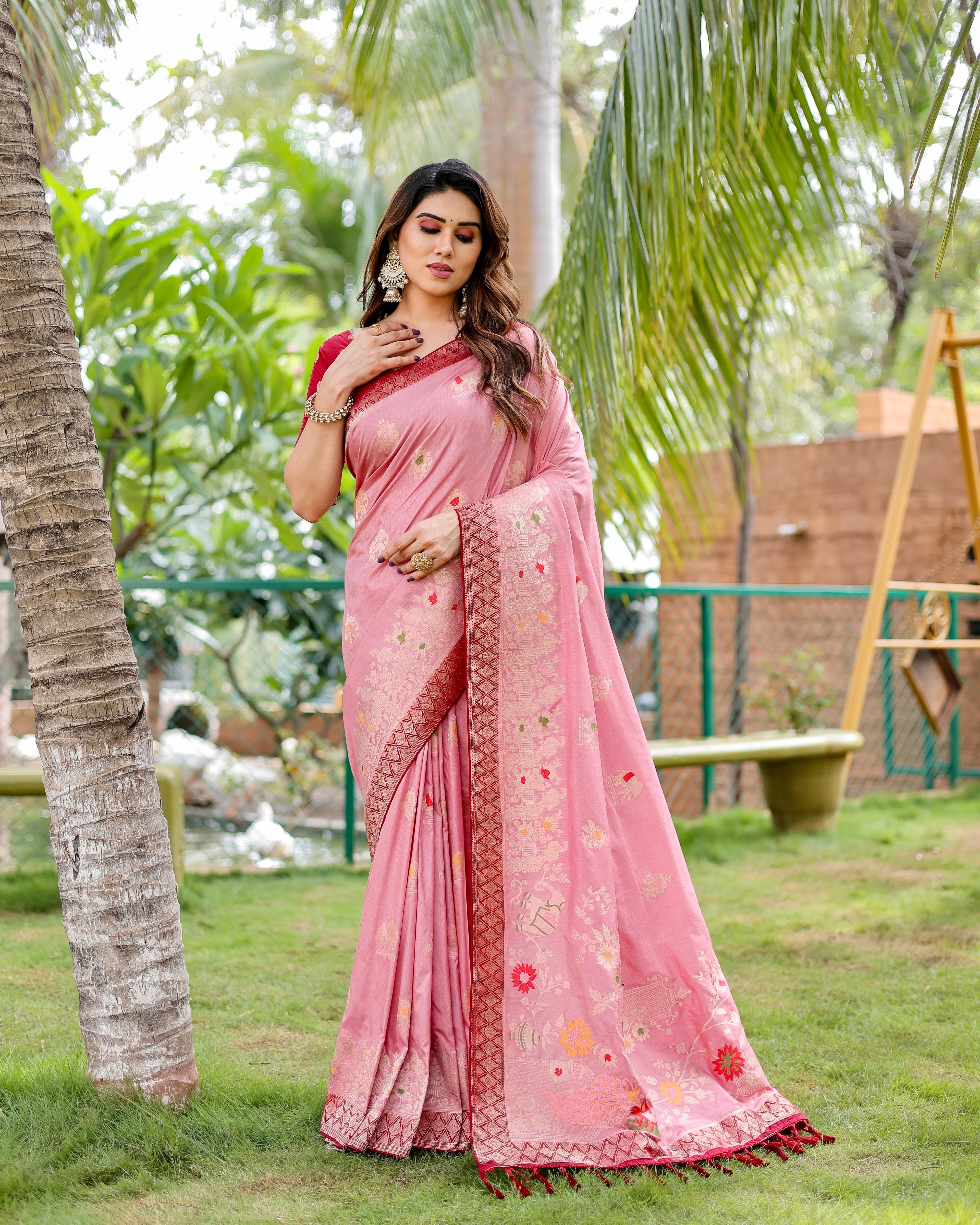 Premium Quality Handpicked & Easy To Drape Dola Silk Pink Saree For This Wedding Season