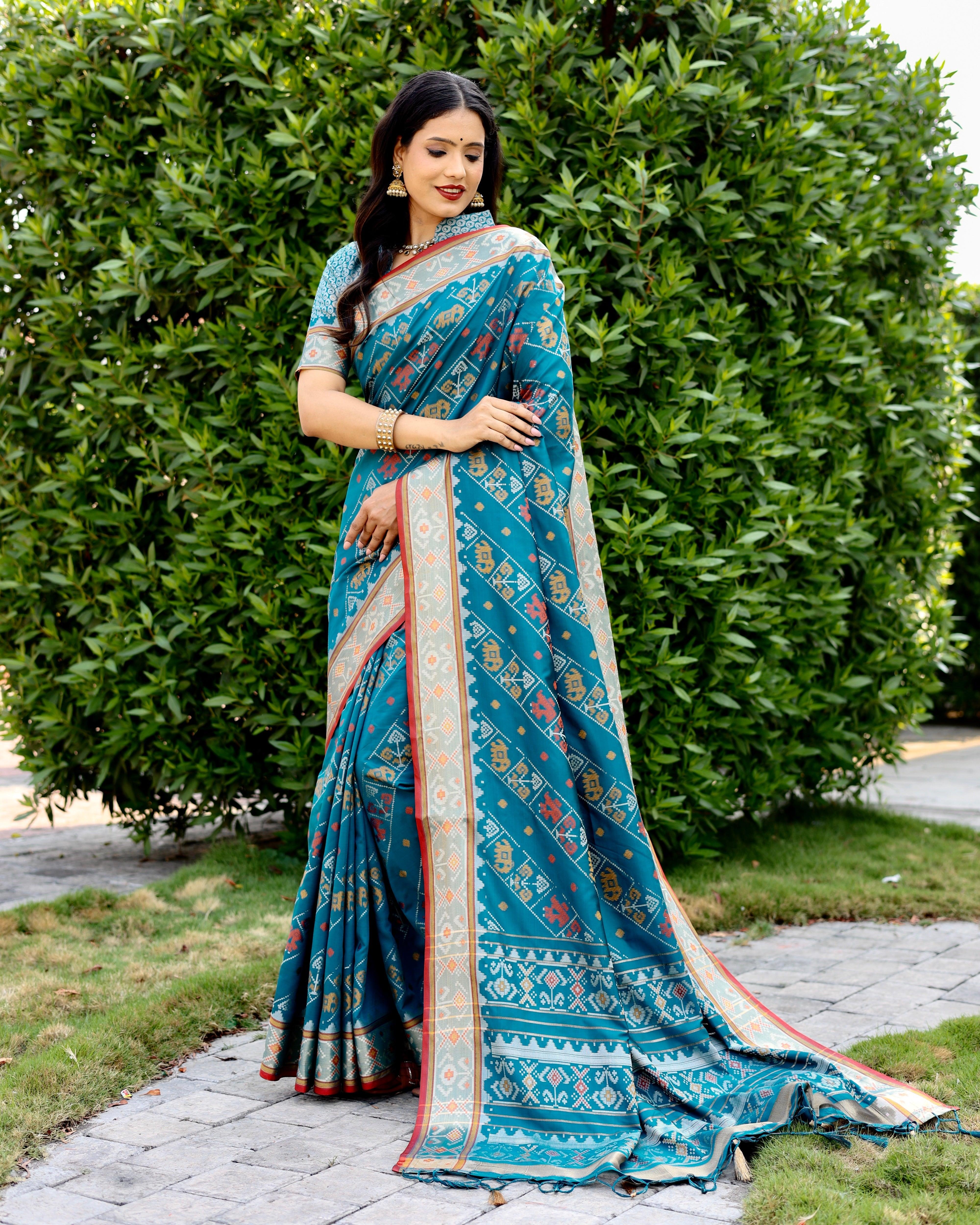 Patola Silk Trendy Saree In Aqua Blue