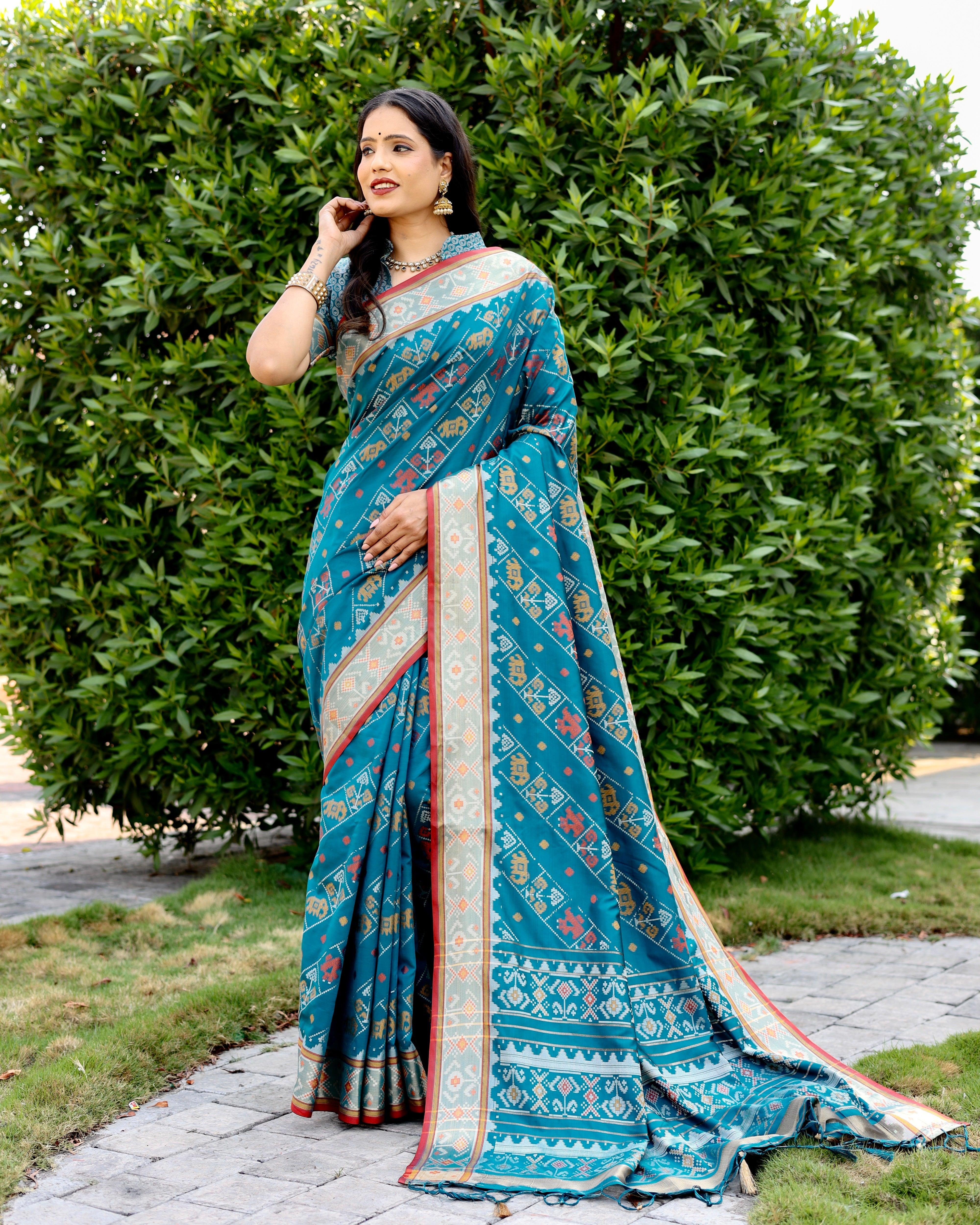 Patola Silk Trendy Saree In Aqua Blue