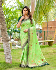 Premium Quality Handpicked & Easy To Drape Dola Silk Green Saree For This Wedding Season