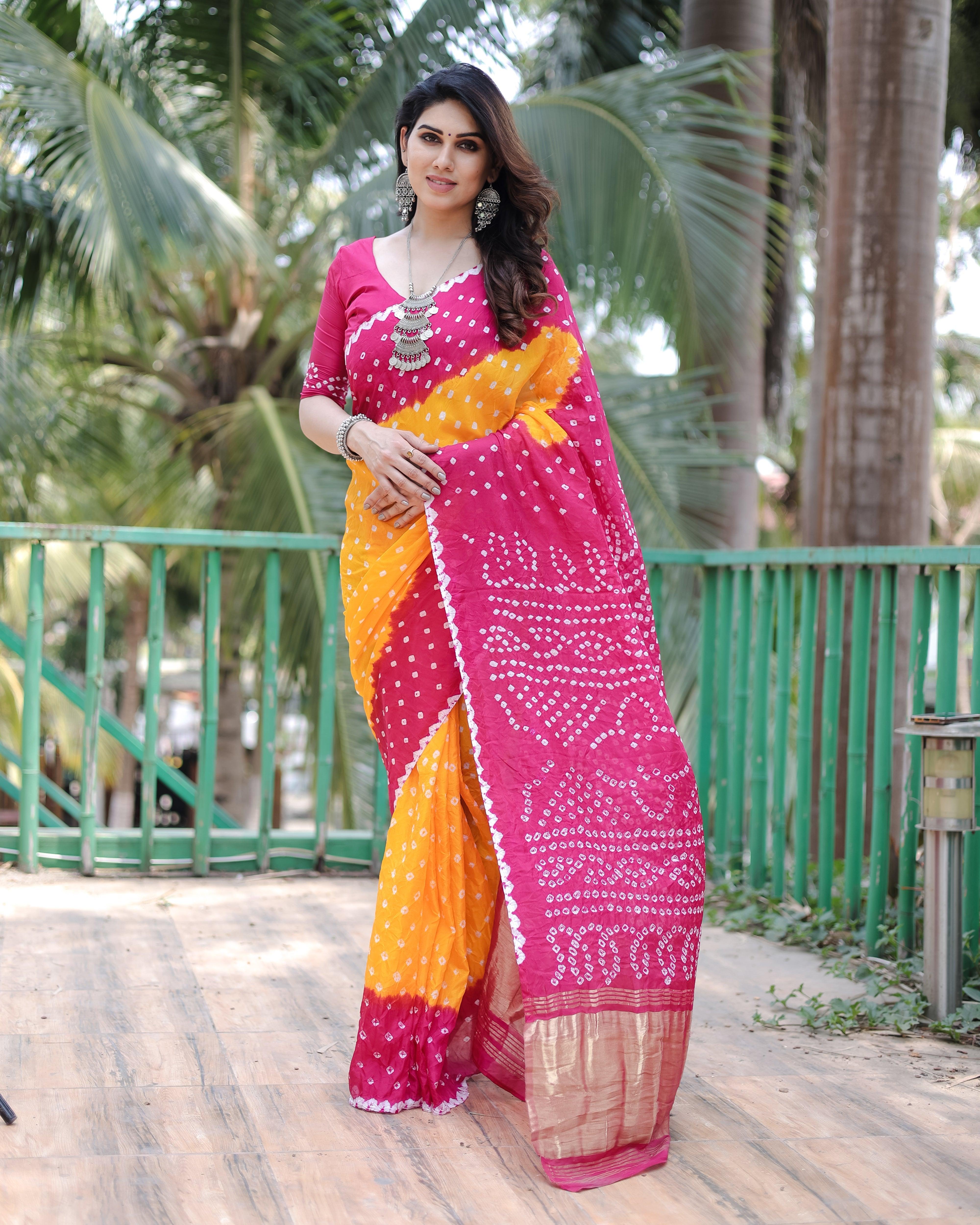 New Premium And High Quality Comfortable Bandhej Silk Drapes That is Super Stylish And Pretty Yellow And Pink Saree