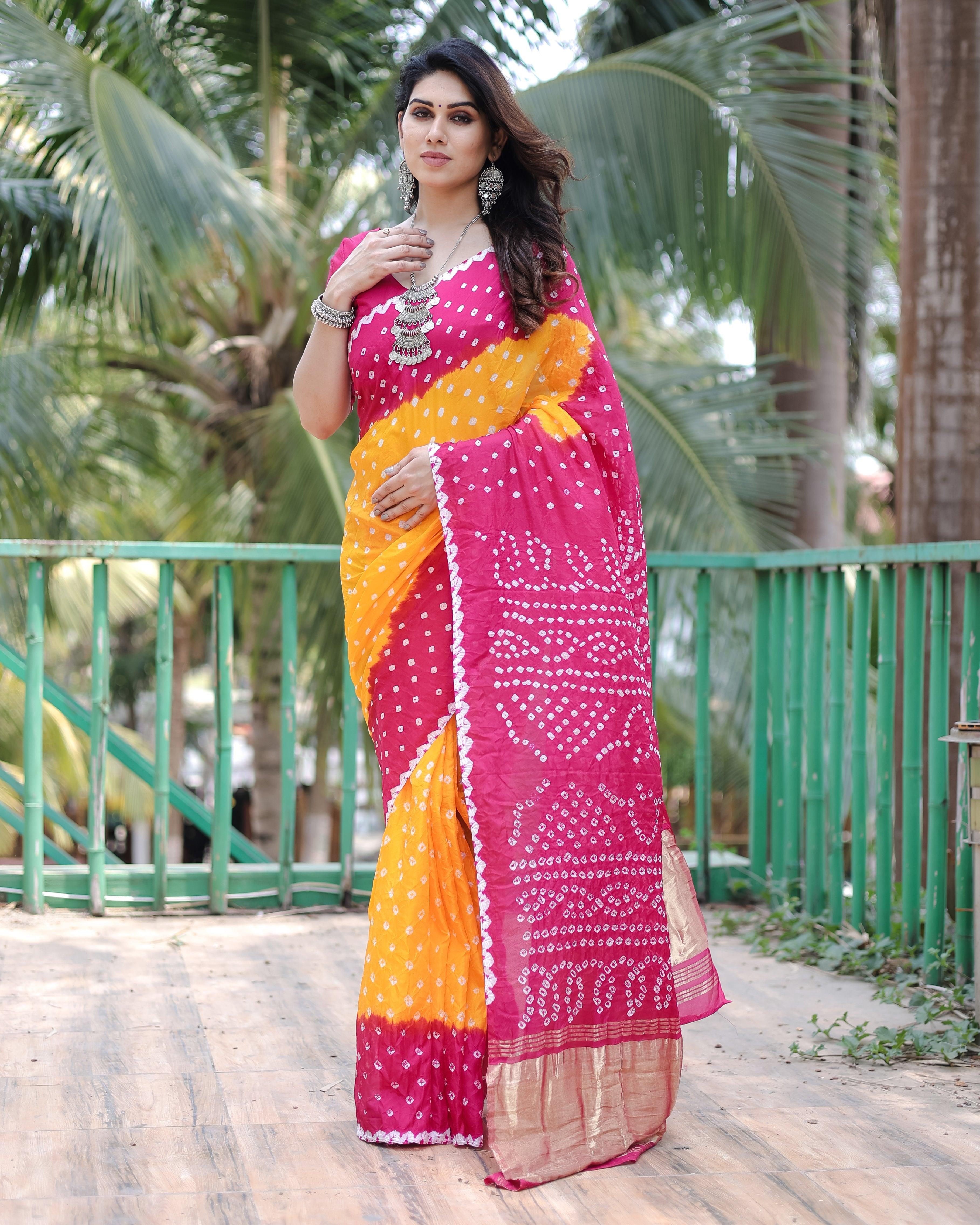 New Premium And High Quality Comfortable Bandhej Silk Drapes That is Super Stylish And Pretty Yellow And Pink Saree