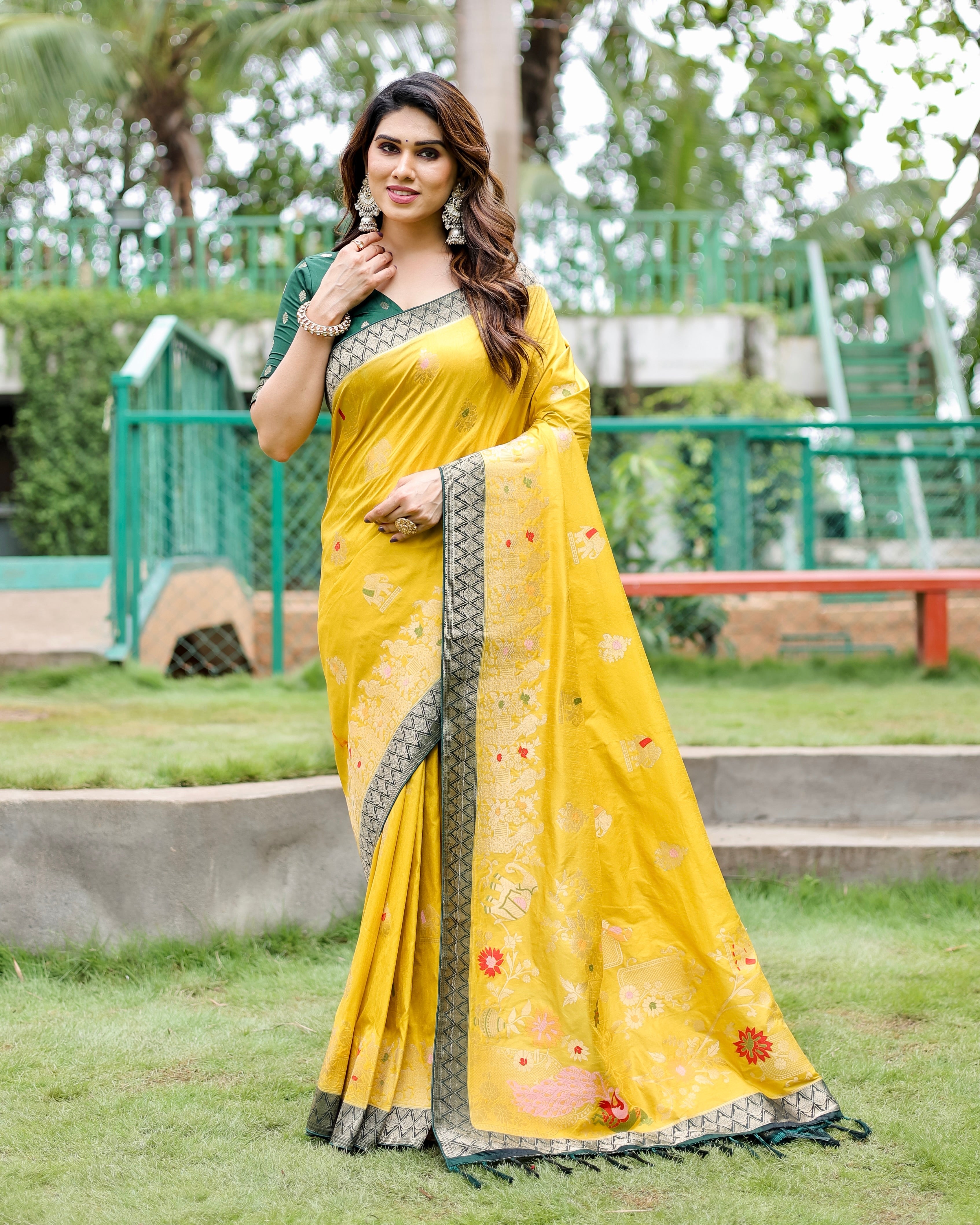 Premium Quality Handpicked & Easy To Drape Dola Silk Yellow Saree For This Wedding Season