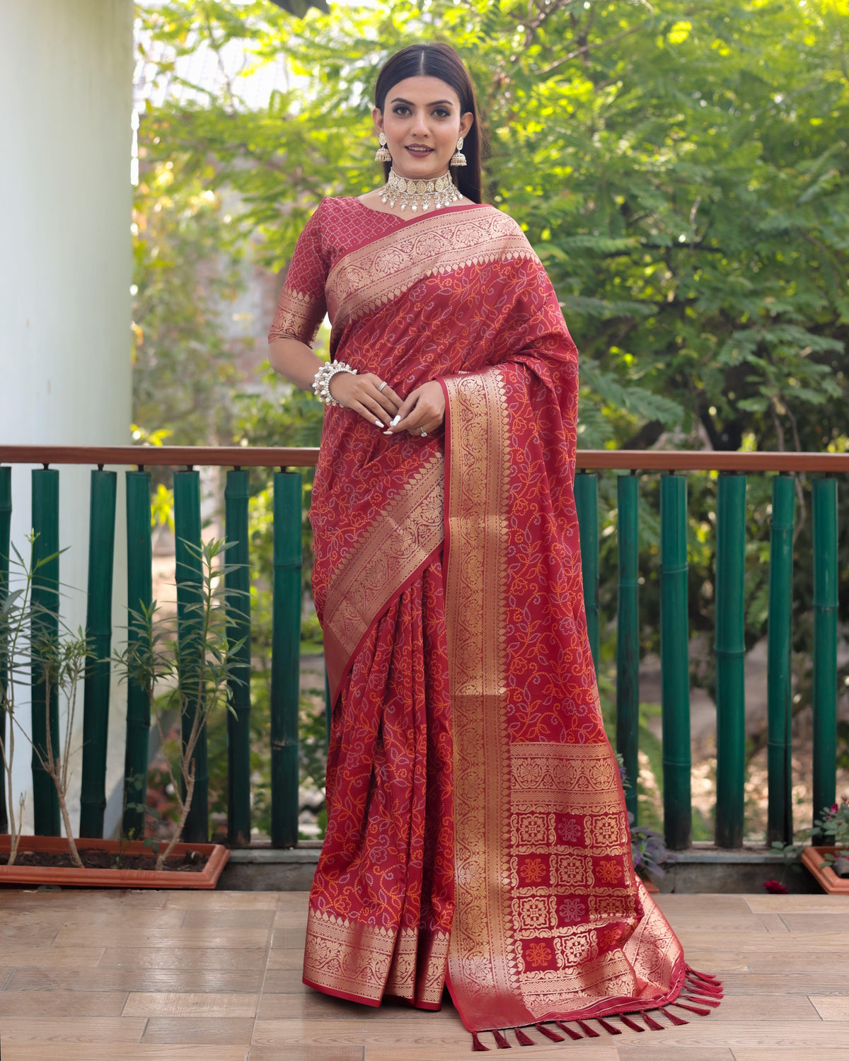 Brick Red Color kanchi Border Rich Pallu Bandhej Saree