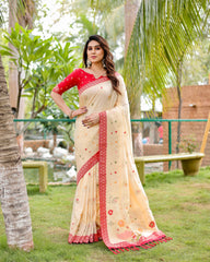Premium Quality Handpicked & Easy To Drape Dola Silk Beige Saree For This Wedding Season