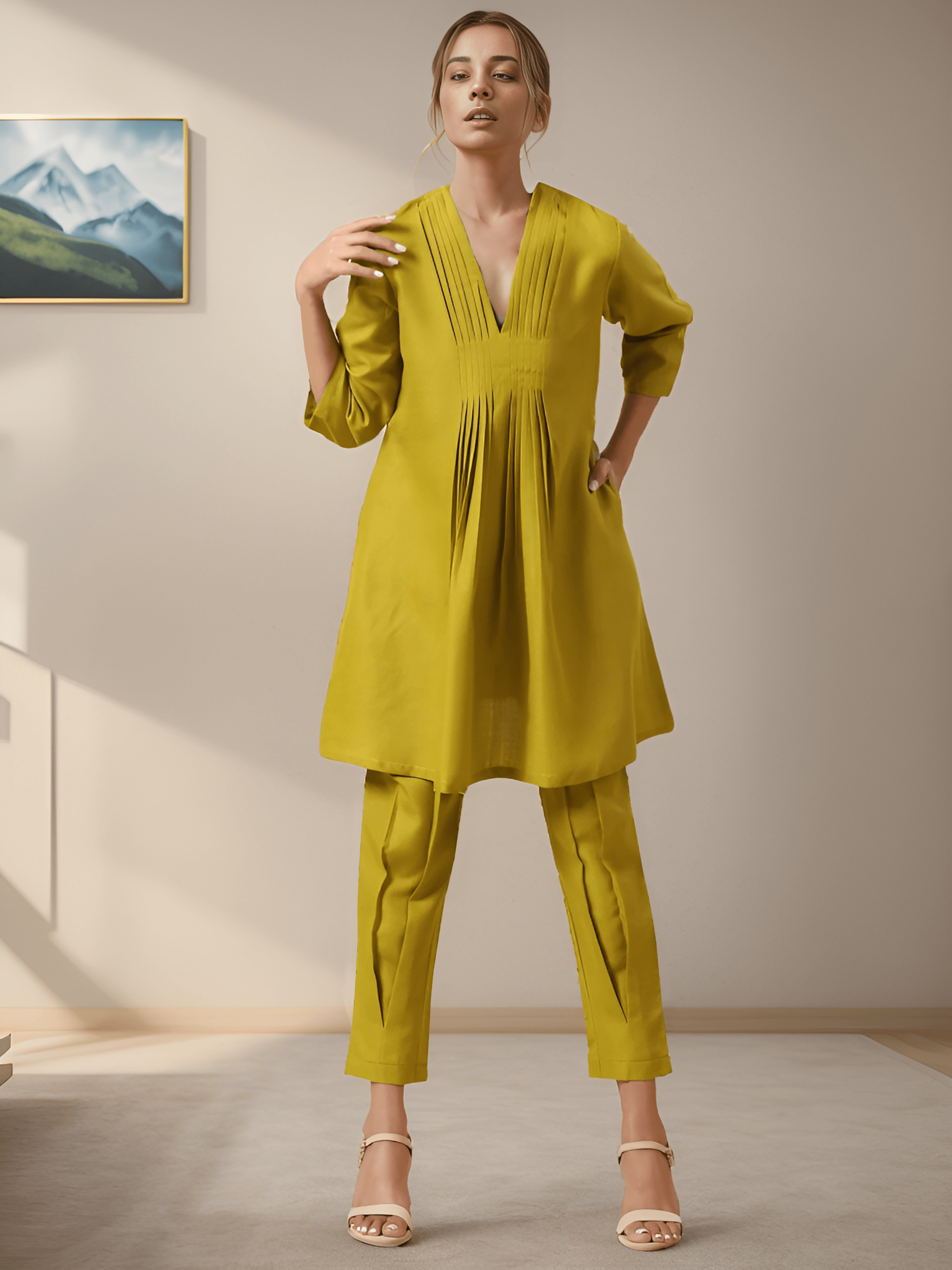 Rayon Slub Lime Green Pleated Co-Ord Set