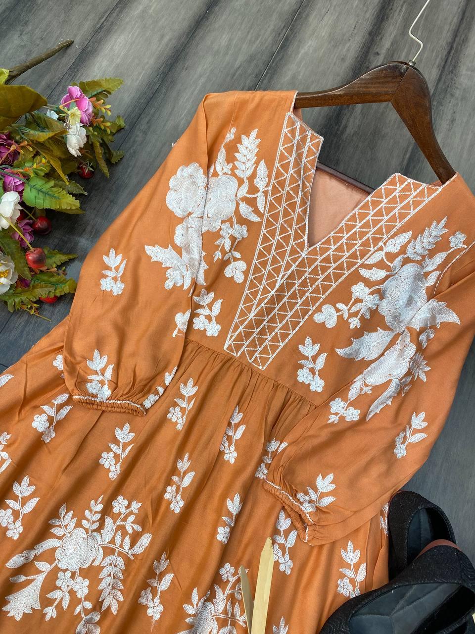 Orange Designer Full Flair Top With plazzo