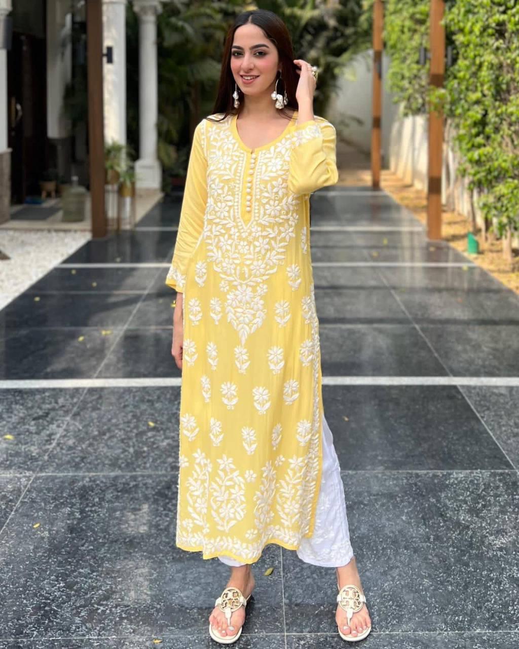 Yellow Rayon Chikankari Kurta WIth Plazzo Set