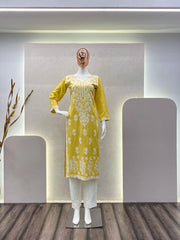 Yellow Rayon Chikankari Kurta WIth Plazzo Set