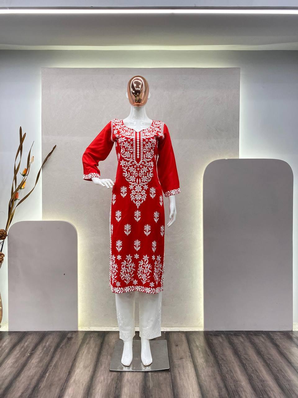 Red Rayon Kurta WIth Plazzo Set