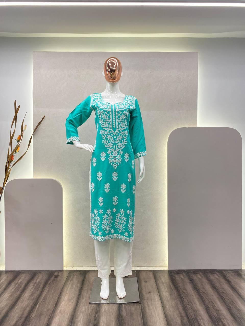 Blue Rayon Kurta WIth Plazzo Set